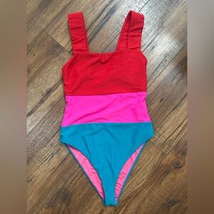 Beach Riot Ribbed Colorblock One Piece Swimsuit Red Pink Teal XS NWOT